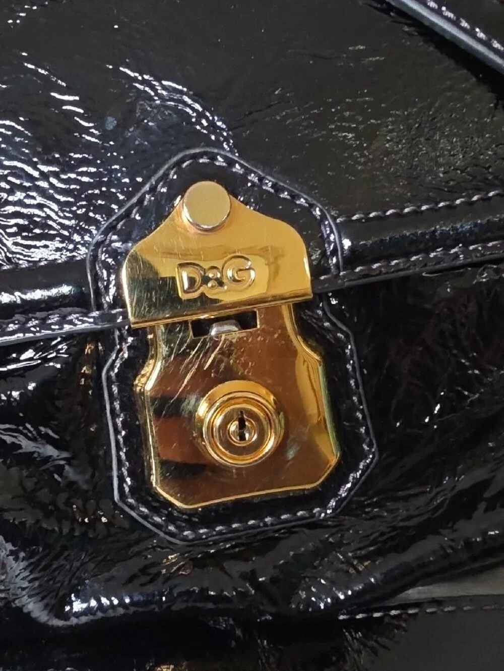 D&G Black Patent Satchel with Gold Chain Accent